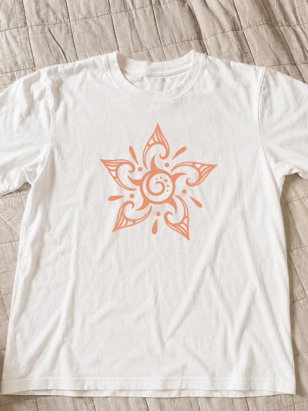 White Short Sleeve Tee with Peach Starburst Graphic